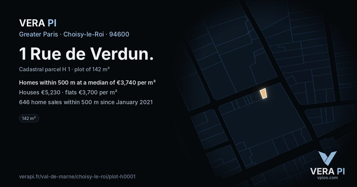 1 Rue de Verdun, Choisy-le-Roi at night – the plot lit, the parcels around coloured by the prices near them
