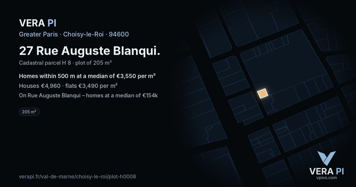 27 Rue Auguste Blanqui, Choisy-le-Roi at night – the plot lit, the parcels around coloured by the prices near them