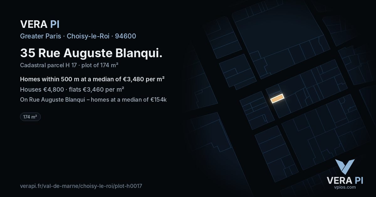 35 Rue Auguste Blanqui, Choisy-le-Roi at night – the plot lit, the parcels around coloured by the prices near them