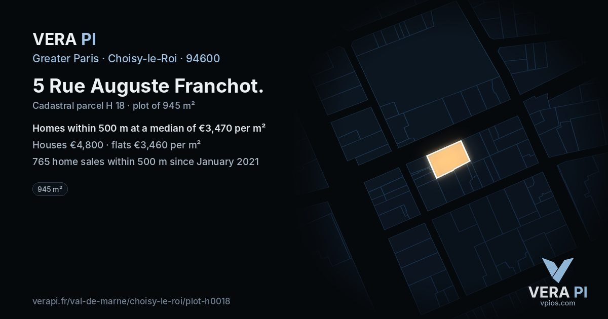5 Rue Auguste Franchot, Choisy-le-Roi at night – the plot lit, the parcels around coloured by the prices near them