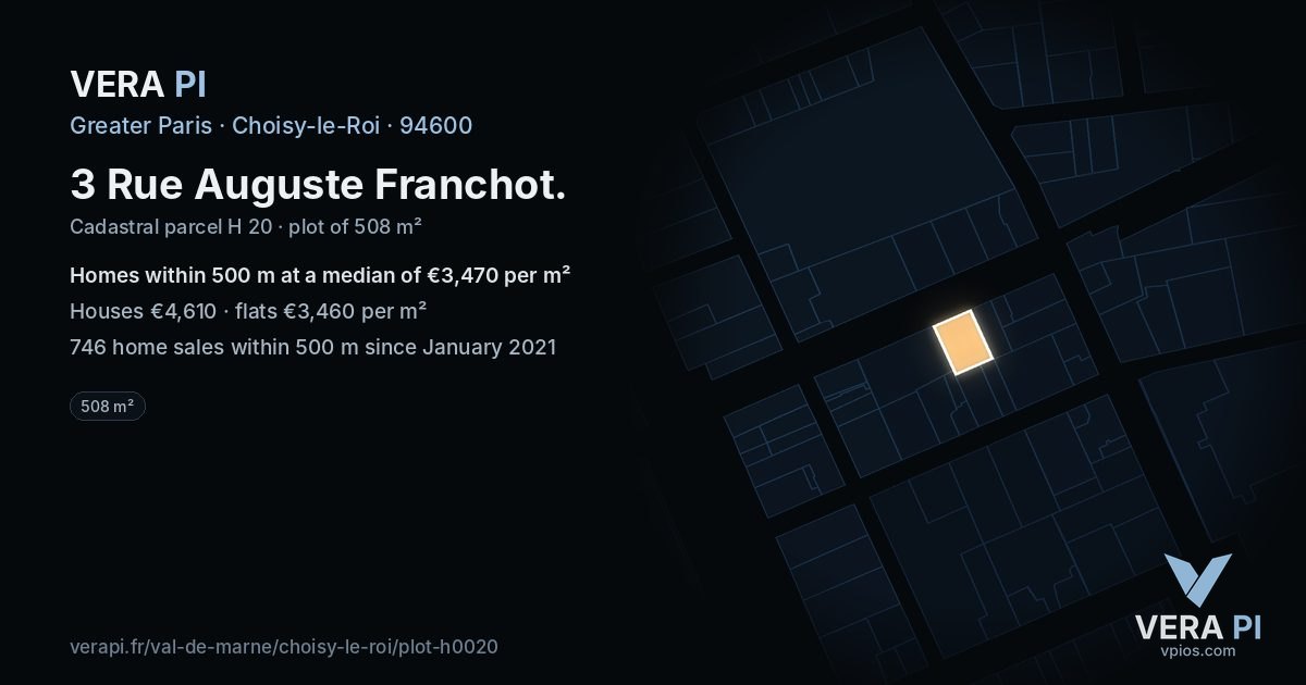 3 Rue Auguste Franchot, Choisy-le-Roi at night – the plot lit, the parcels around coloured by the prices near them