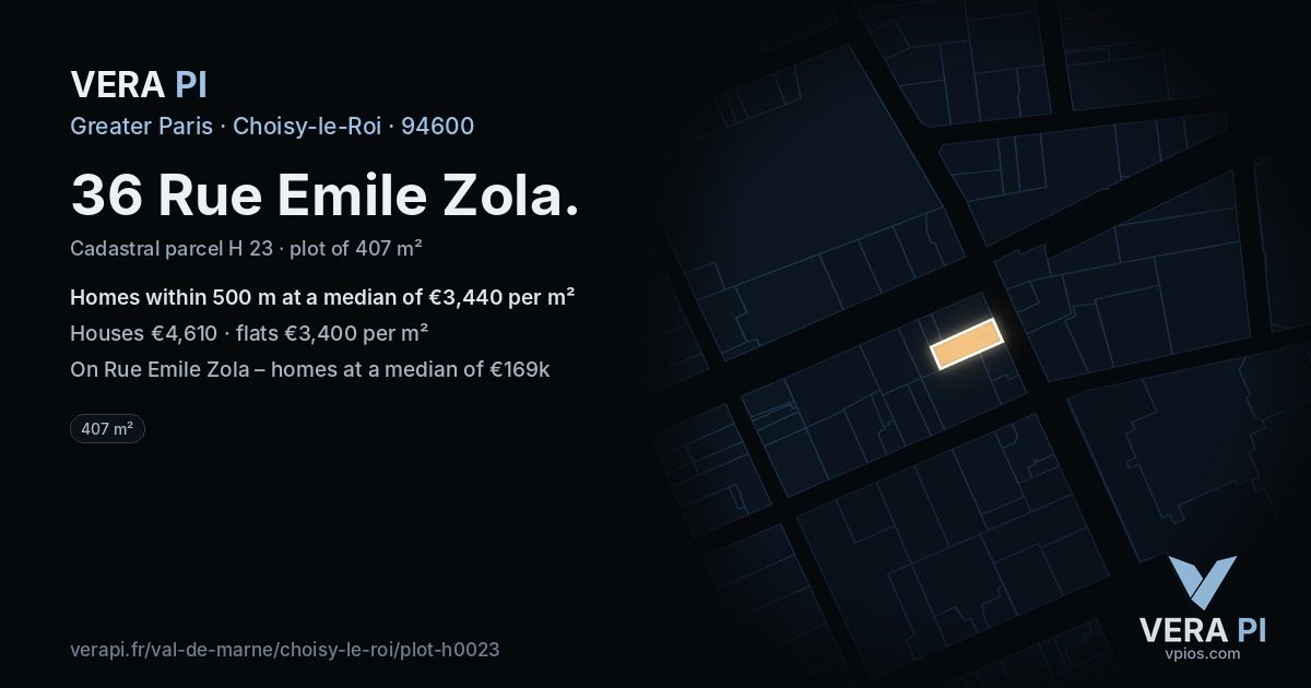 36 Rue Emile Zola, Choisy-le-Roi at night – the plot lit, the parcels around coloured by the prices near them