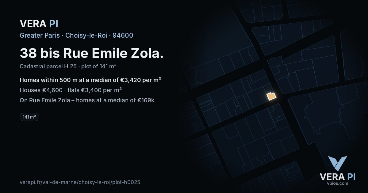 38 bis Rue Emile Zola, Choisy-le-Roi at night – the plot lit, the parcels around coloured by the prices near them