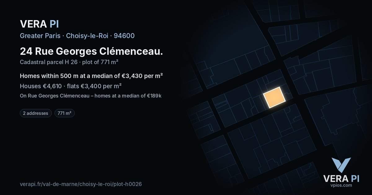 24 Rue Georges Clémenceau, Choisy-le-Roi at night – the plot lit, the parcels around coloured by the prices near them