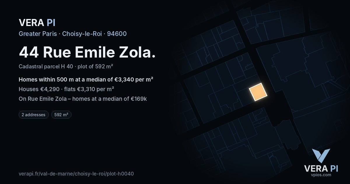 44 Rue Emile Zola, Choisy-le-Roi at night – the plot lit, the parcels around coloured by the prices near them
