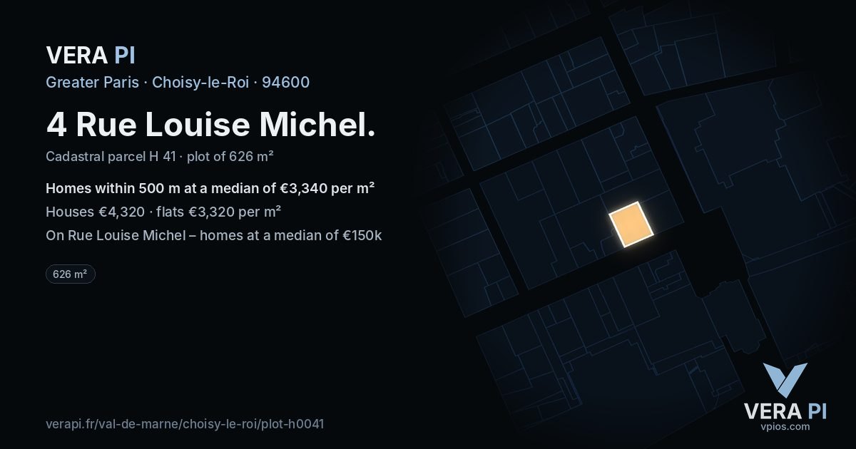 4 Rue Louise Michel, Choisy-le-Roi at night – the plot lit, the parcels around coloured by the prices near them