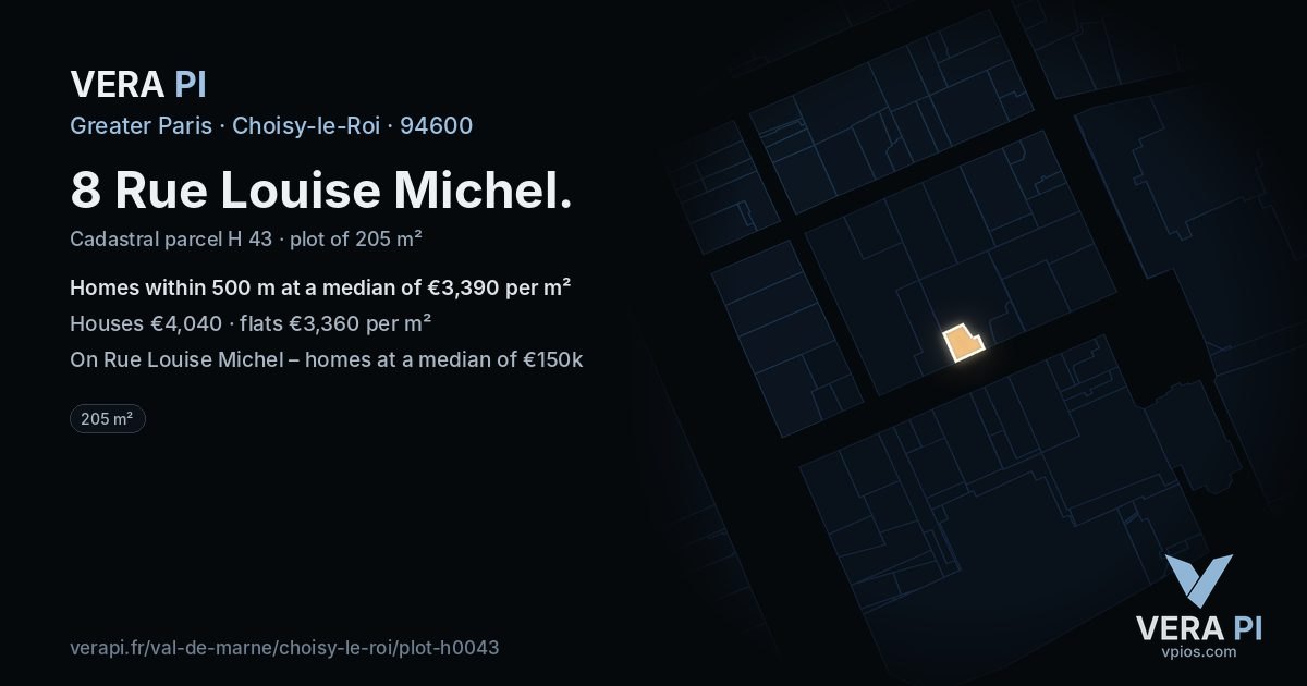 8 Rue Louise Michel, Choisy-le-Roi at night – the plot lit, the parcels around coloured by the prices near them