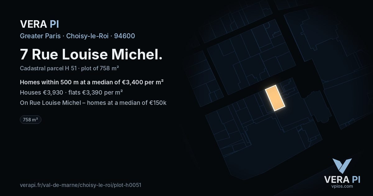 7 Rue Louise Michel, Choisy-le-Roi at night – the plot lit, the parcels around coloured by the prices near them