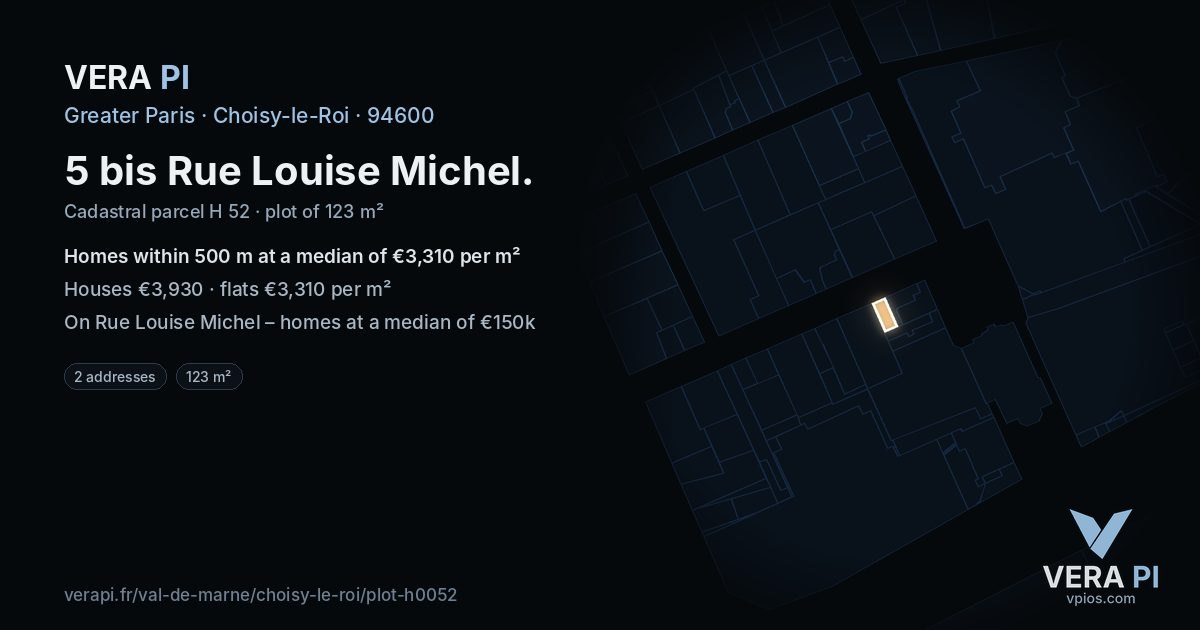 5 bis Rue Louise Michel, Choisy-le-Roi at night – the plot lit, the parcels around coloured by the prices near them