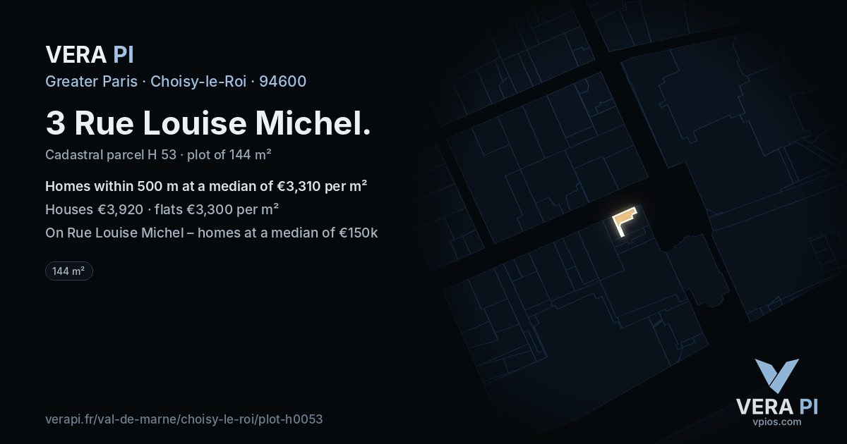 3 Rue Louise Michel, Choisy-le-Roi at night – the plot lit, the parcels around coloured by the prices near them