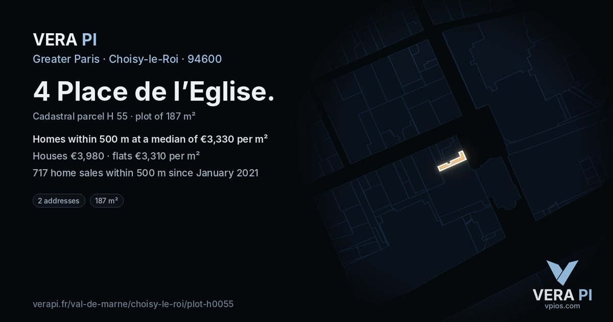4 Place de l’Eglise, Choisy-le-Roi at night – the plot lit, the parcels around coloured by the prices near them