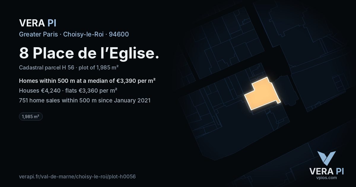 8 Place de l’Eglise, Choisy-le-Roi at night – the plot lit, the parcels around coloured by the prices near them