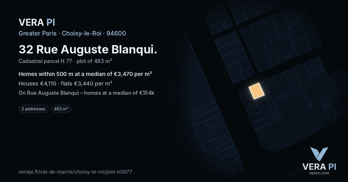 32 Rue Auguste Blanqui, Choisy-le-Roi at night – the plot lit, the parcels around coloured by the prices near them
