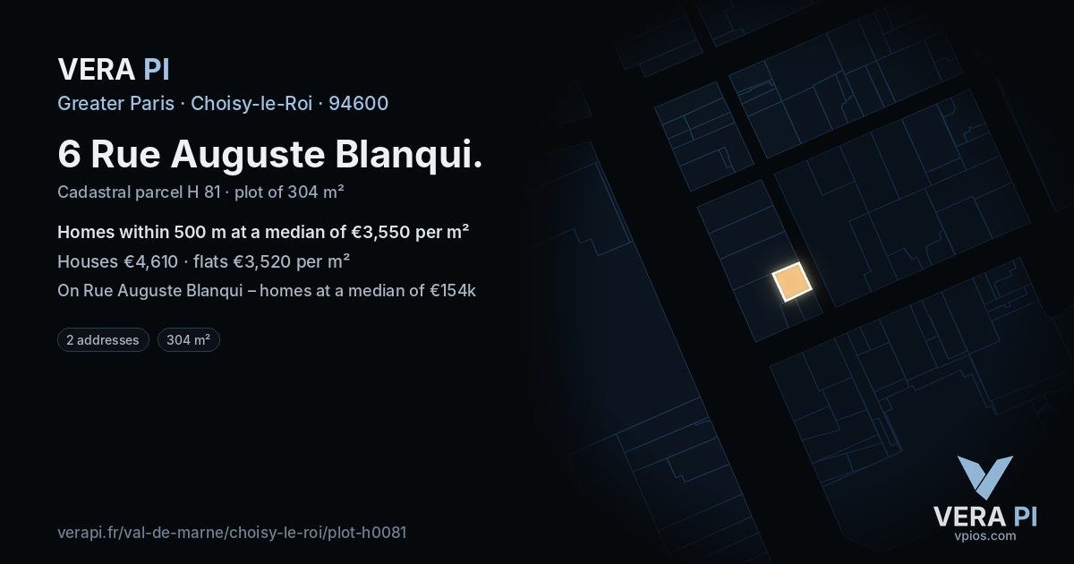 6 Rue Auguste Blanqui, Choisy-le-Roi at night – the plot lit, the parcels around coloured by the prices near them