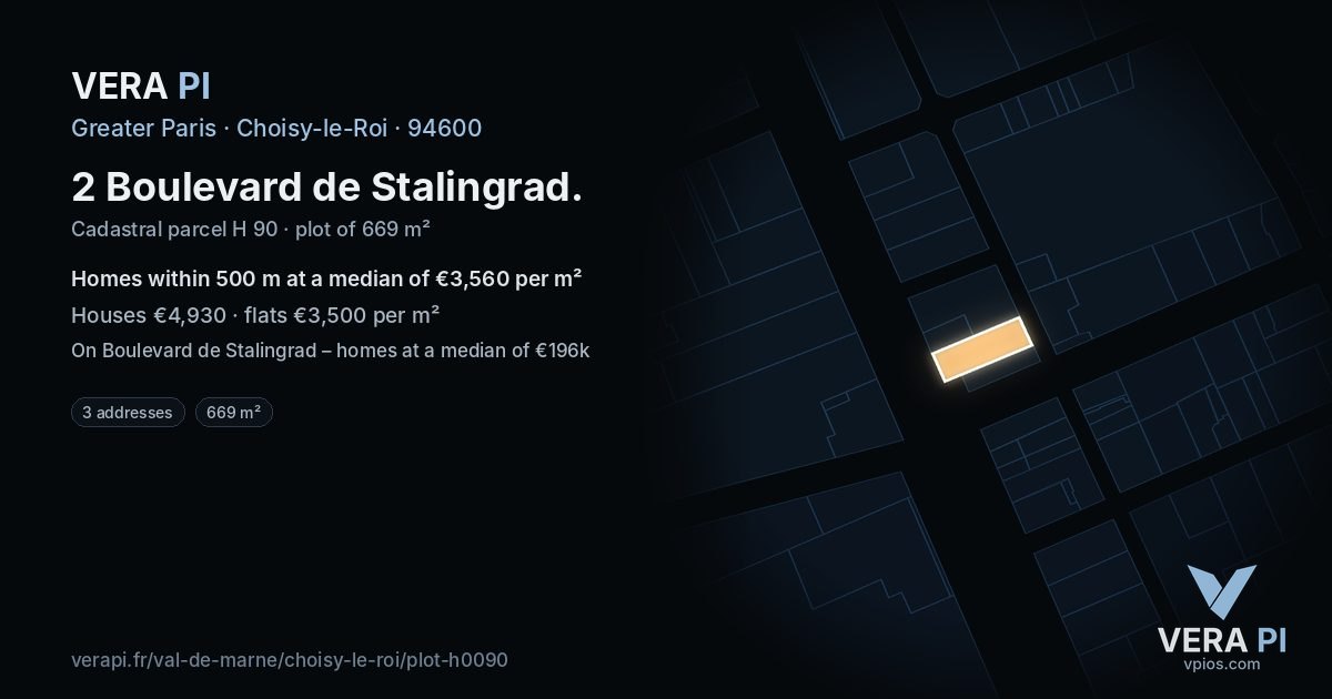 2 Boulevard de Stalingrad, Choisy-le-Roi at night – the plot lit, the parcels around coloured by the prices near them
