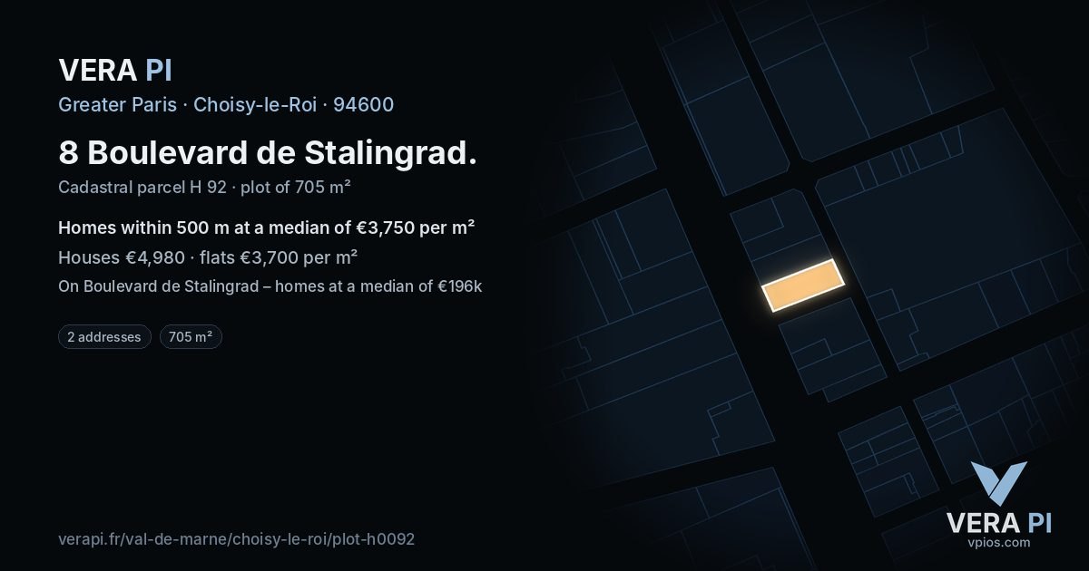 8 Boulevard de Stalingrad, Choisy-le-Roi at night – the plot lit, the parcels around coloured by the prices near them