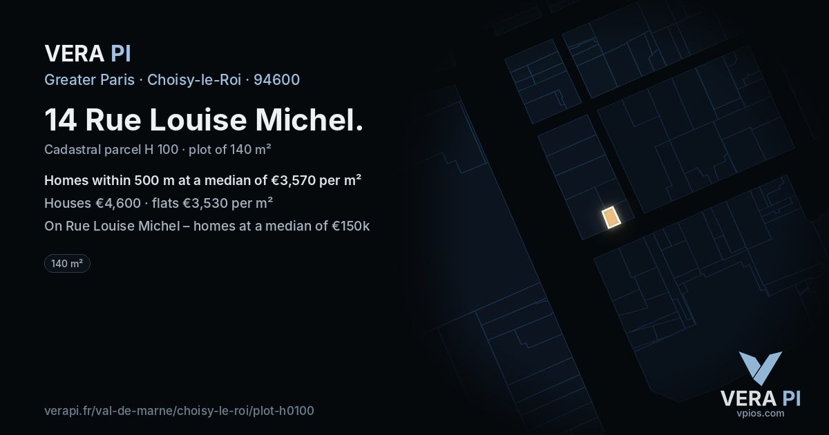 14 Rue Louise Michel, Choisy-le-Roi at night – the plot lit, the parcels around coloured by the prices near them