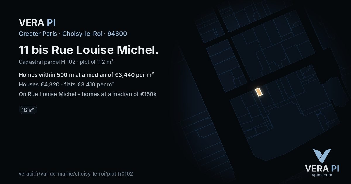 11 bis Rue Louise Michel, Choisy-le-Roi at night – the plot lit, the parcels around coloured by the prices near them