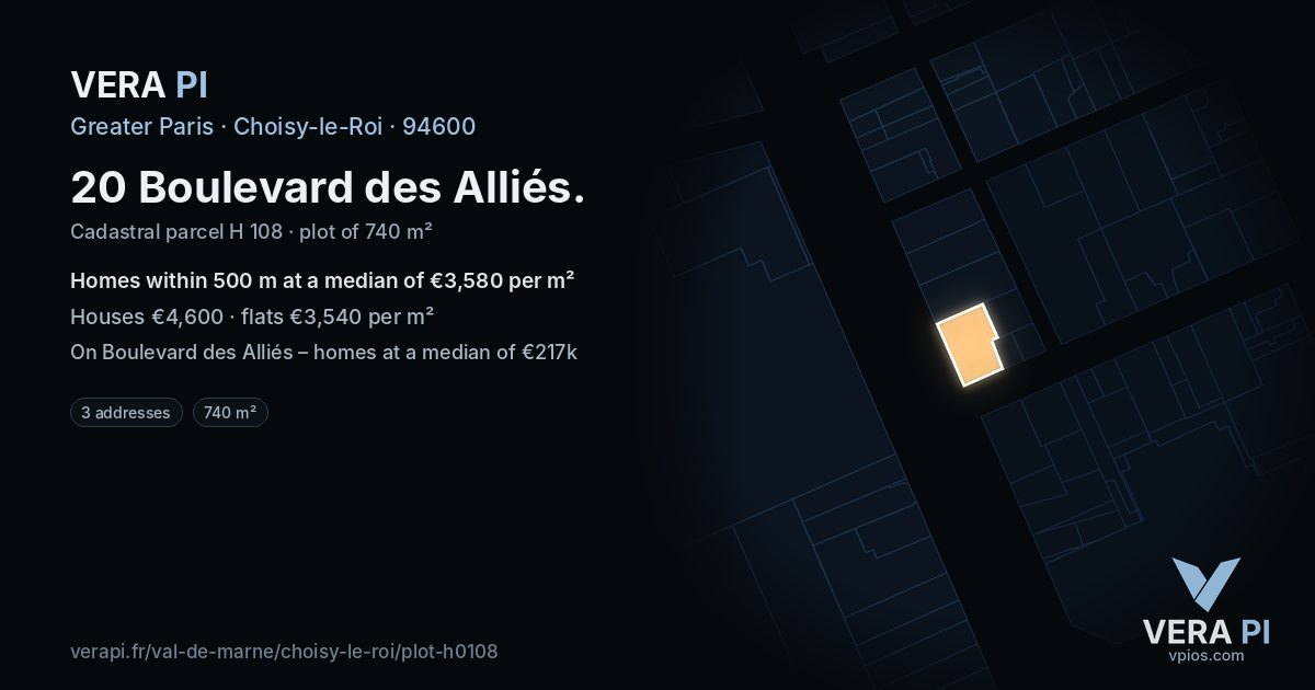 20 Boulevard des Alliés, Choisy-le-Roi at night – the plot lit, the parcels around coloured by the prices near them