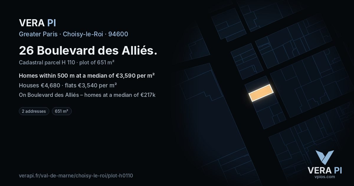 26 Boulevard des Alliés, Choisy-le-Roi at night – the plot lit, the parcels around coloured by the prices near them
