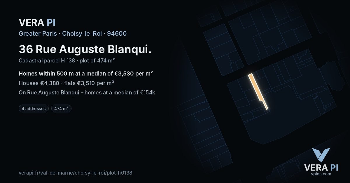 36 Rue Auguste Blanqui, Choisy-le-Roi at night – the plot lit, the parcels around coloured by the prices near them