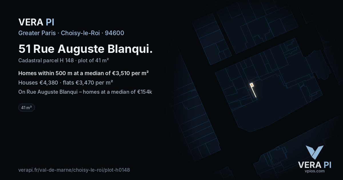 51 Rue Auguste Blanqui, Choisy-le-Roi at night – the plot lit, the parcels around coloured by the prices near them