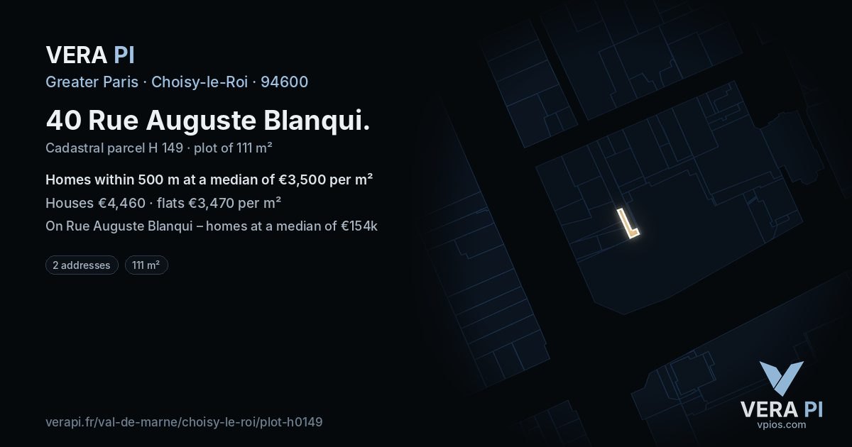 40 Rue Auguste Blanqui, Choisy-le-Roi at night – the plot lit, the parcels around coloured by the prices near them