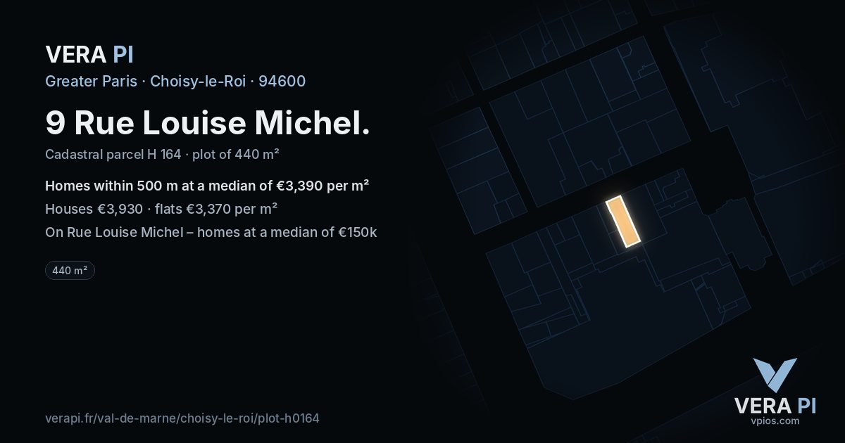 9 Rue Louise Michel, Choisy-le-Roi at night – the plot lit, the parcels around coloured by the prices near them