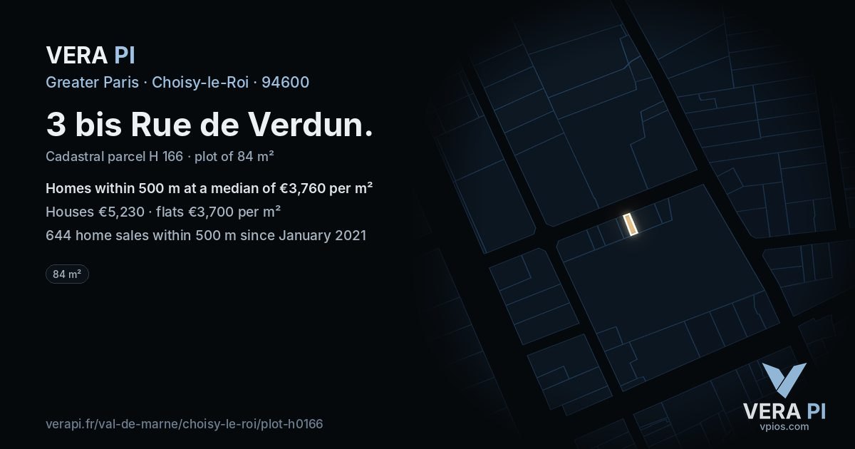 3 bis Rue de Verdun, Choisy-le-Roi at night – the plot lit, the parcels around coloured by the prices near them