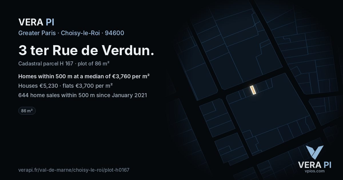 3 ter Rue de Verdun, Choisy-le-Roi at night – the plot lit, the parcels around coloured by the prices near them