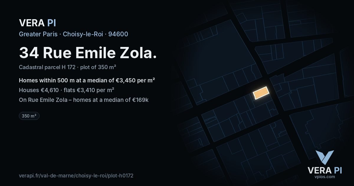 34 Rue Emile Zola, Choisy-le-Roi at night – the plot lit, the parcels around coloured by the prices near them