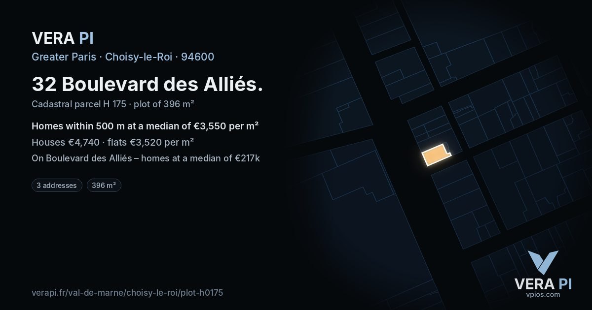 32 Boulevard des Alliés, Choisy-le-Roi at night – the plot lit, the parcels around coloured by the prices near them