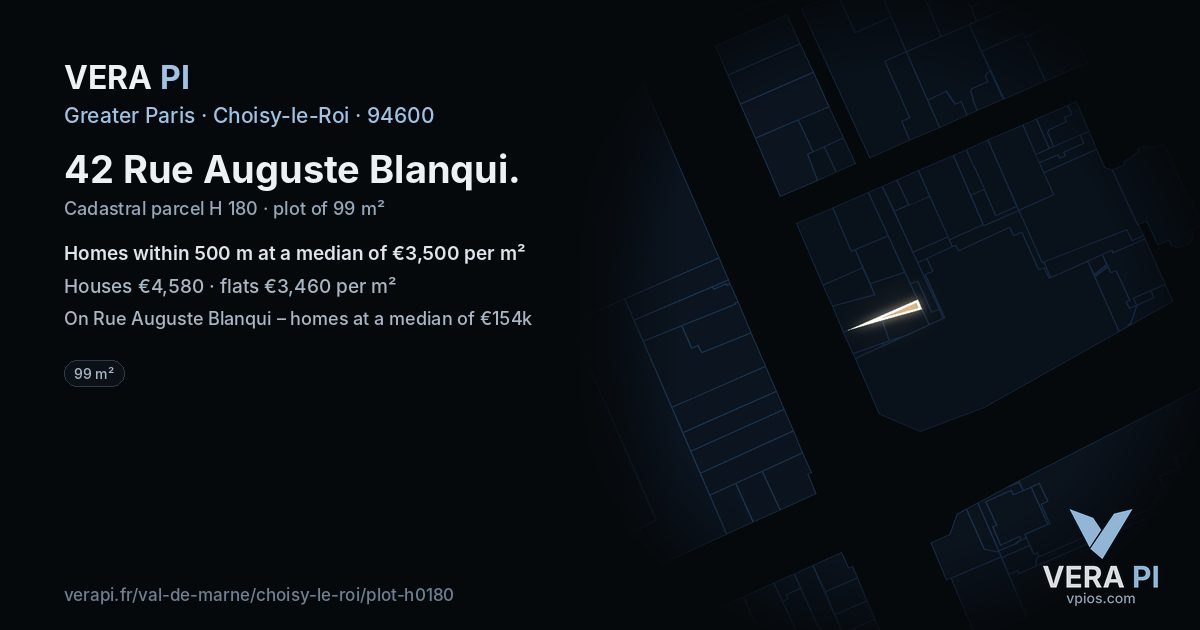 42 Rue Auguste Blanqui, Choisy-le-Roi at night – the plot lit, the parcels around coloured by the prices near them