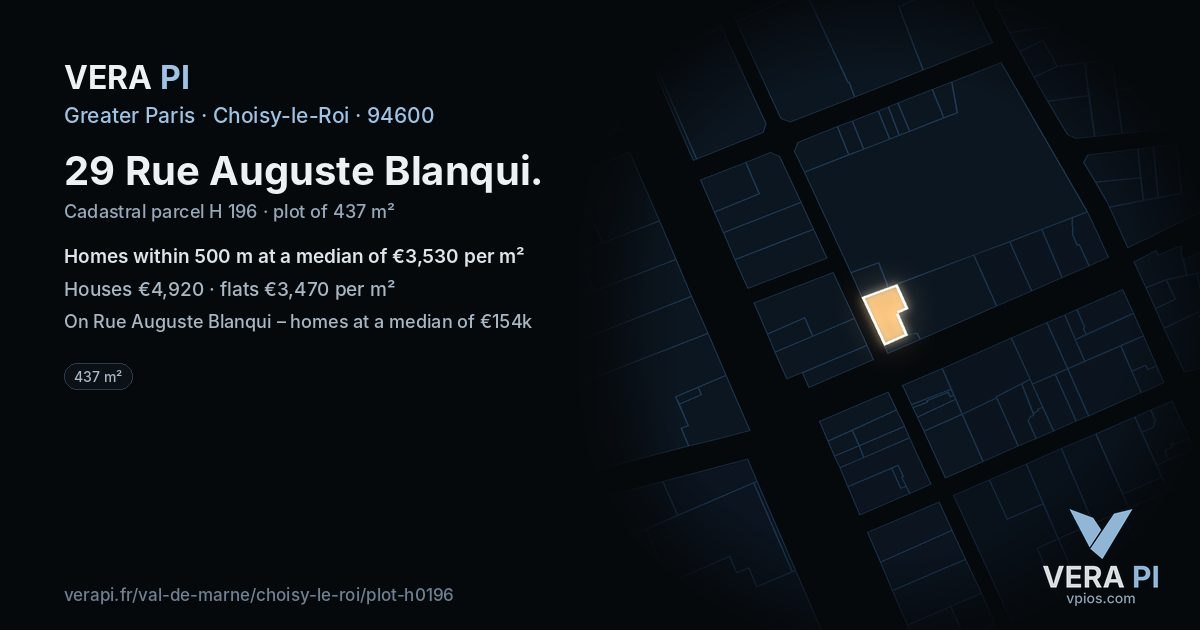 29 Rue Auguste Blanqui, Choisy-le-Roi at night – the plot lit, the parcels around coloured by the prices near them