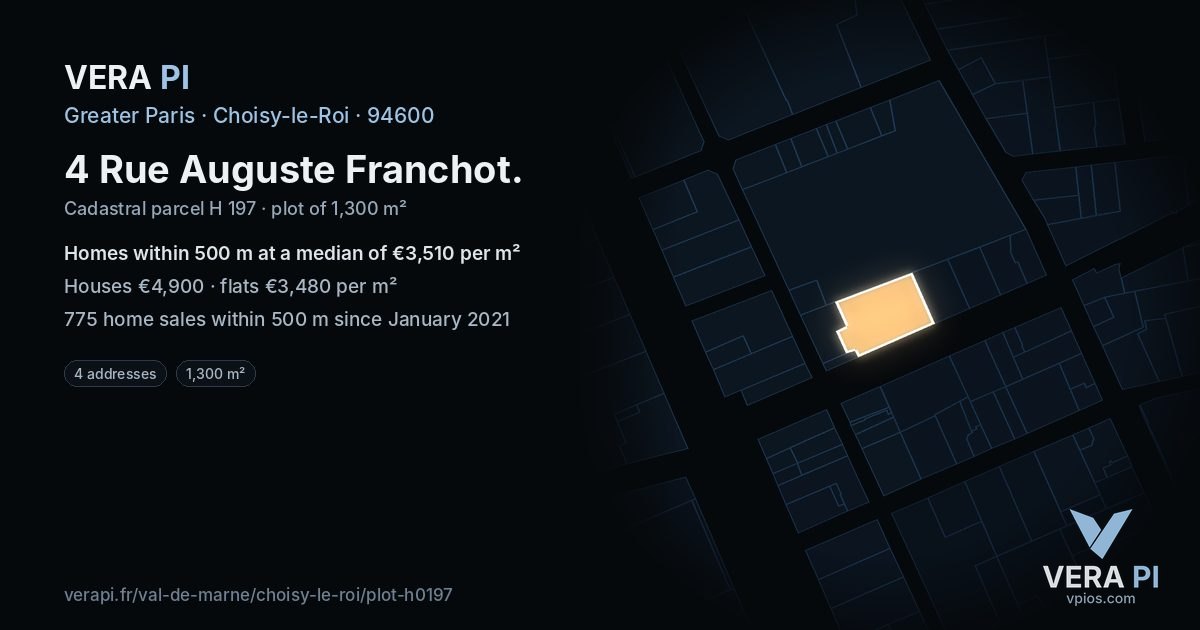 4 Rue Auguste Franchot, Choisy-le-Roi at night – the plot lit, the parcels around coloured by the prices near them