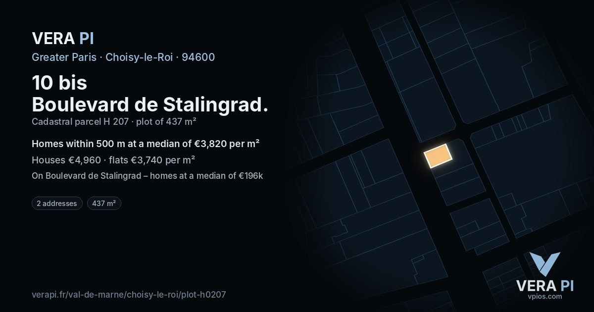 10 bis Boulevard de Stalingrad, Choisy-le-Roi at night – the plot lit, the parcels around coloured by the prices near them