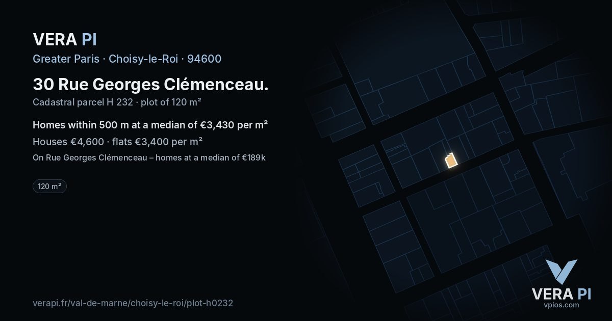 30 Rue Georges Clémenceau, Choisy-le-Roi at night – the plot lit, the parcels around coloured by the prices near them