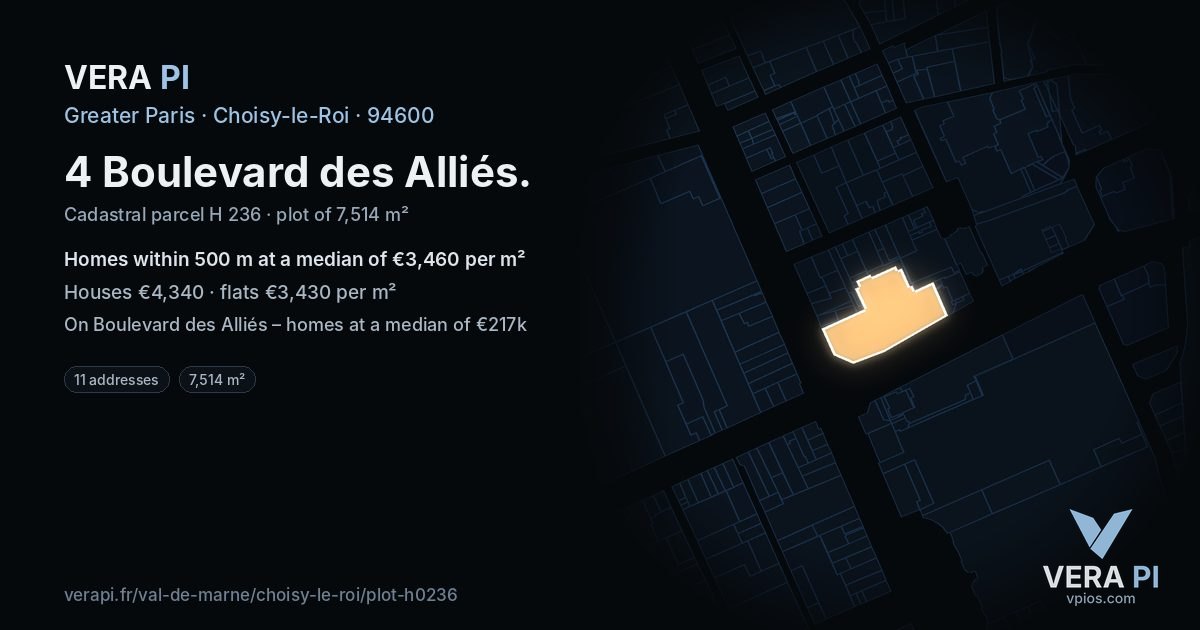 4 Boulevard des Alliés, Choisy-le-Roi at night – the plot lit, the parcels around coloured by the prices near them