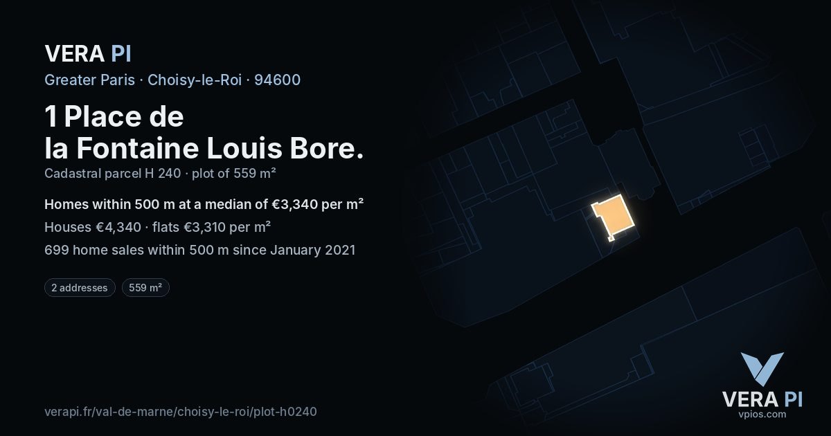 1 Place de la Fontaine Louis Bore, Choisy-le-Roi at night – the plot lit, the parcels around coloured by the prices near them
