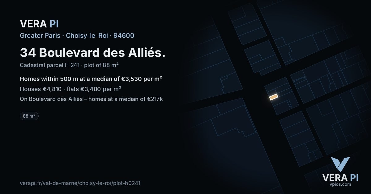 34 Boulevard des Alliés, Choisy-le-Roi at night – the plot lit, the parcels around coloured by the prices near them