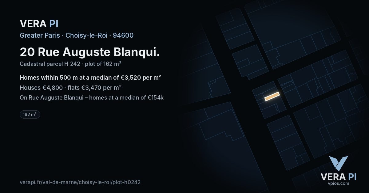 20 Rue Auguste Blanqui, Choisy-le-Roi at night – the plot lit, the parcels around coloured by the prices near them