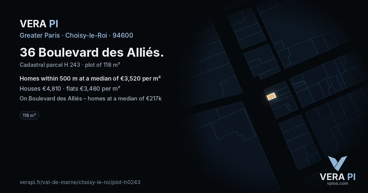 36 Boulevard des Alliés, Choisy-le-Roi at night – the plot lit, the parcels around coloured by the prices near them