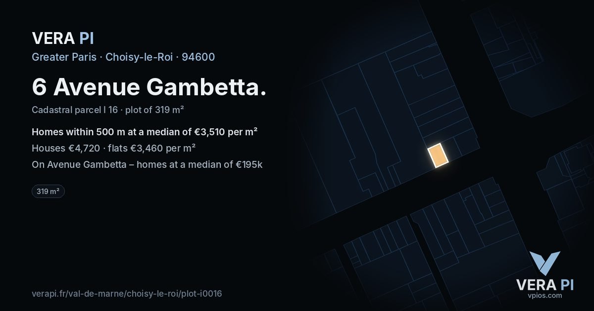 6 Avenue Gambetta, Choisy-le-Roi at night – the plot lit, the parcels around coloured by the prices near them