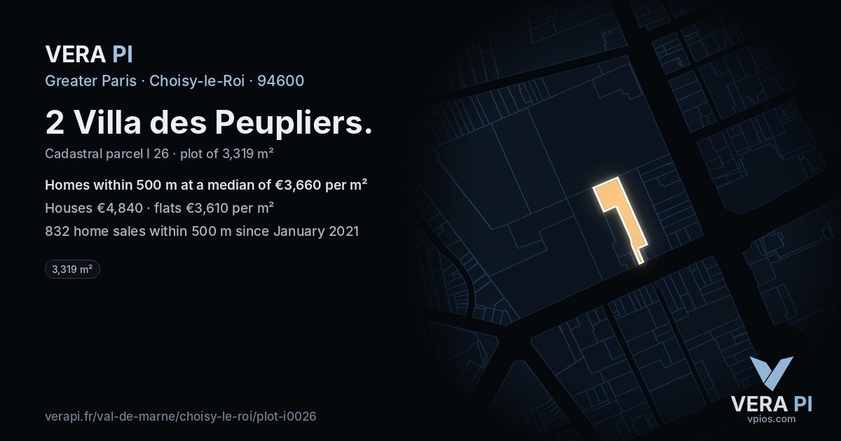 2 Villa des Peupliers, Choisy-le-Roi at night – the plot lit, the parcels around coloured by the prices near them