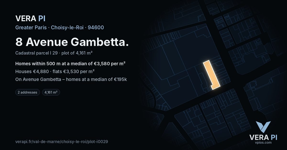 8 Avenue Gambetta, Choisy-le-Roi at night – the plot lit, the parcels around coloured by the prices near them