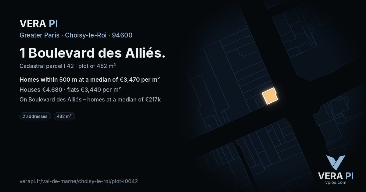 1 Boulevard des Alliés, Choisy-le-Roi at night – the plot lit, the parcels around coloured by the prices near them