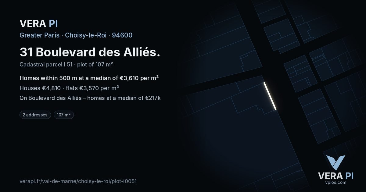 31 Boulevard des Alliés, Choisy-le-Roi at night – the plot lit, the parcels around coloured by the prices near them
