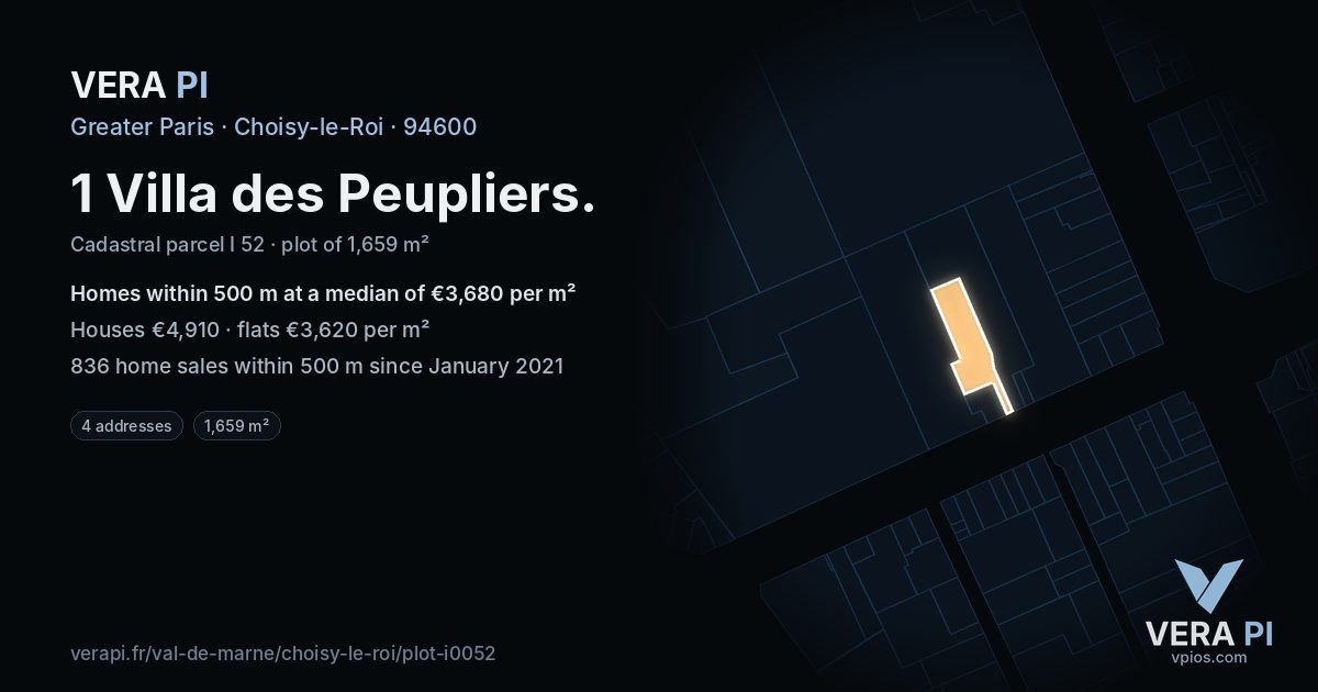 1 Villa des Peupliers, Choisy-le-Roi at night – the plot lit, the parcels around coloured by the prices near them