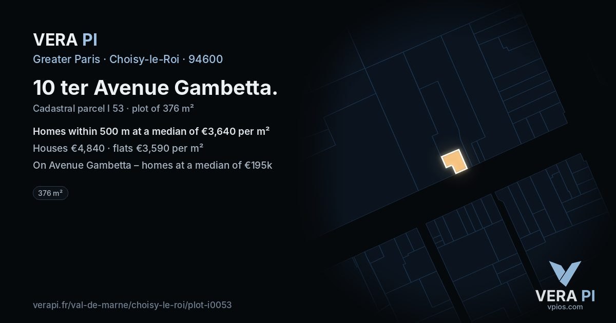 10 ter Avenue Gambetta, Choisy-le-Roi at night – the plot lit, the parcels around coloured by the prices near them