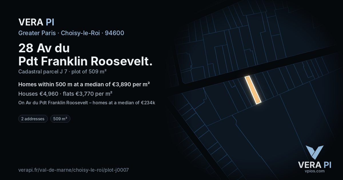 28 Av du Pdt Franklin Roosevelt, Choisy-le-Roi at night – the plot lit, the parcels around coloured by the prices near them